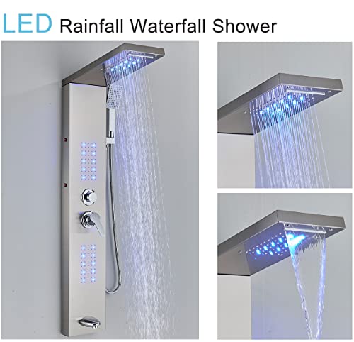 Fcoteeu Shower Panel Tower System,Led Rainfall Waterfall Shower Head Led Large Area Massage Jets Tub Spout,Stainless Steel Bathroom Shower Tower Column Brushed Nickel #TOP2