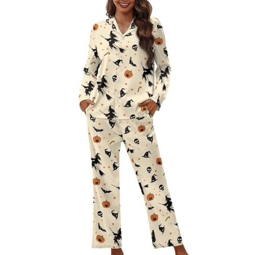 TOFRIMADE Womens Pajama Set Halloween Nightwear Soft Breathable House Wear Long Sleeve Top and Pants Sleepwear Sets Lounge Wear Outfits, Halloween Witch Pumpkin