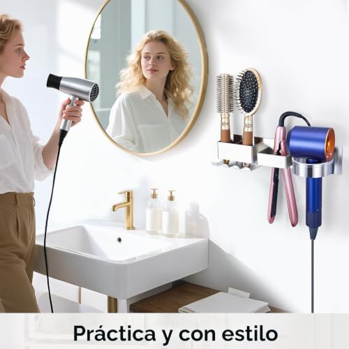 Miniatura 7 de Yybo Soporte Secador De Pelo, Soporte Para Secador De Pelo De Pared Sin Taladrar, Soporte Secador Pelo Y Plancha, Soporte Plancha Pelo, Colgador Secador Pelo Con Organizador De Cables