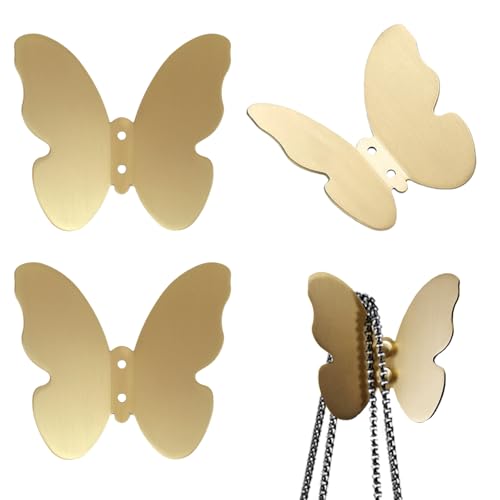 Primst 3 PCS Brass Butterfly Hooks with Screws, Decorative Wall Mounted Hooks Hat Rack Robe Hook for Bathroom Kitchen Entryway (Gold)