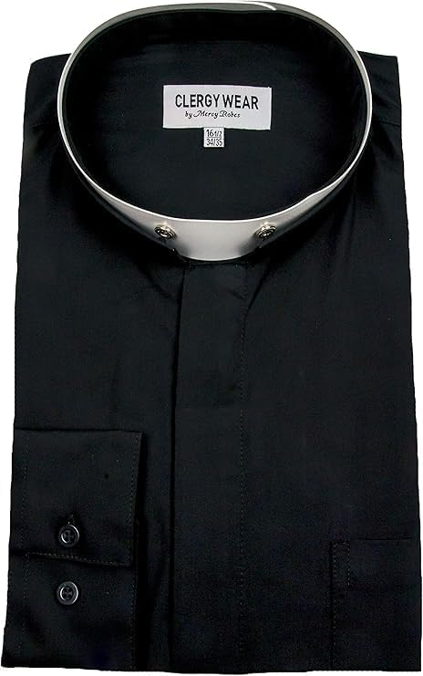Mens Long Sleeves Tonsure Collar Clergy Shirt - Black
