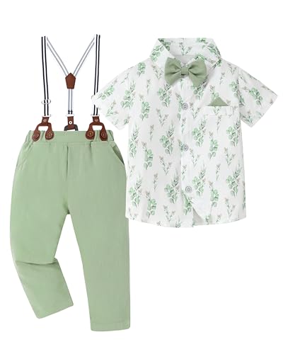 DISAUR Baby Boy Dress Clothes Set Printed Shirt Aqua Green Suspender Pants Outfits Toddler Boy 12 Months 18 Months 12-18