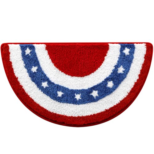 Moutina American Bunting Flags Bathroom Rugs 16x30 Inch, Soft and Absorbent Tufted 4th of July Rug Non Slip Washable, Patriotic Bathroom Decor Half Circle Bath Mat Holiday Decorations