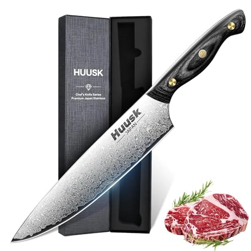 Huusk Damascus Chef Knife 8 Inch, VG10 Kitchen Knives, Sharp Cooking Knife With Ergonomic Wooden Handle For Vegetable Fruit And Meat Cutting, Christmas Gift for Men and Women