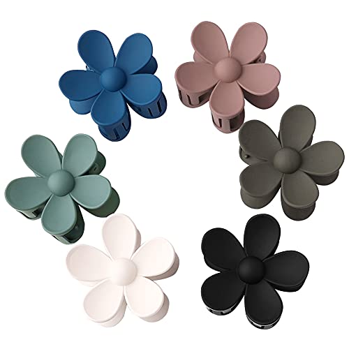 6PCS Hair Claw Clips Matte Flower Cute Hairpins with 6 Candy Colors Non Slip Plastic Jaw Clamps Fashion Hair Accessories Clips for Toddlers Girls Women (Blue Pink)
