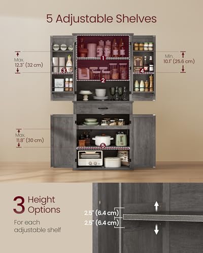 Image of VASAGLE Pantry Cabinet, Tall Storage Cabinet with Drawer, 70.3-Inch | Farmhouse kitchen cabinet with barn doors, tray, adjustable shelves, Misty Gray, UBBK364G01