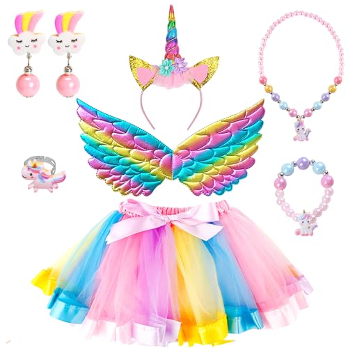 YYDSXK Einhorn Kostüm Kinder, Prinzessin Kleid Mit Flügel Halskette Sets,...