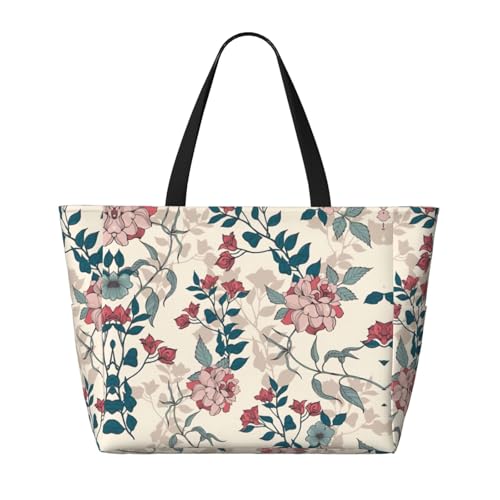 Pink Flowers Leaves Print Large Capacity Beach Travel Bag For Family, Beach Tote Bag For Women With Zipper Pockets2