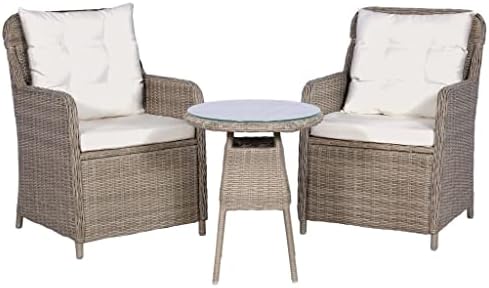 vidaXL Dining Set 3 Piece, Patio Table and Chairs, Outdoor Conversational Set with Cushions and Storage, Wicker Furniture, Farmhouse, Poly Rattan Brown