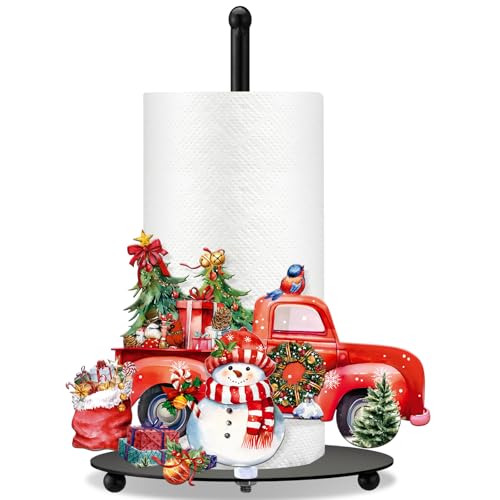MorningRo Christmas Paper Towel Holder Red Truck Countertop Kitchen Decor and Accessories Black Metal Farmhouse Large Tissue Stand Gifts for Christmas Party, 3D Hand Painting Pattern, Weighted Base