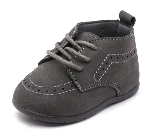Greceen Baby Boys Girls Classic PU Leather Adjustable Lace-up Loafers Oxford Style Dress Shoes for Crawling Babies Toddlers, Wedding Formal First Steps Walking Flat Lazy Crib Shoes 253 Deep Grey 1