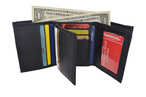 100% Genuine Leather Marshal Tri-fold Mens Wallet Black #1307CF2