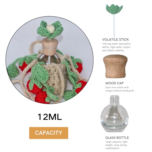 Image of ROFIGL Handmade Crochet Hanging Car Air Freshener - Sweet Cherry Charm with 12ml Refillable Glass Essential Oil Bottle, Cute Car Accessories for Women & Bedroom Floral Decor