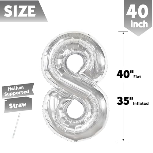 Image of 40 Inch Silver Number 8 Balloon Birthday Party Decorations for Men & Women | 40 Inch Silver inflatable foil number balloons, large birthday decorations for 8th birthday