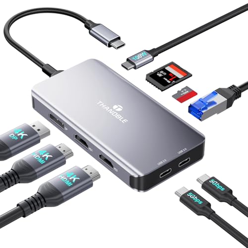 THANDBLE USB C Docking Station Dual Monitor, 9 in 1 Laptop Docking Station Triple Monitor, 4K@60Hz USB C Hub Dual HDMI and DisplayPort, 1000Mbps LAN, 5Gbps USB-C, 100W PD, SD/TF for HP/Dell/Laptop