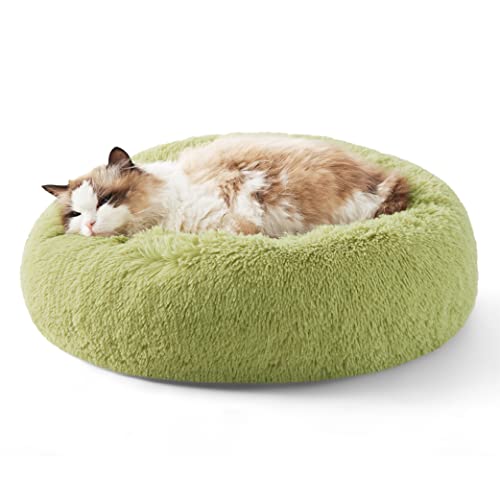 Image of Bedsure Calming Cat Beds for Indoor Cats - Small Cat Bed Washable 20 inches, Anti-Slip Round Fluffy Plush Faux Fur Pet Bed, Fits up to 15 lbs Pets, Green