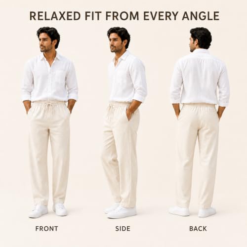 Image of Linen Pants for man || Relaxed Fit Casual Trousers for Men || Men's Lightweight Breathable Pants || Elastic Waist with Drawstring || All Season Pant for Regular, Travel & Office Wear