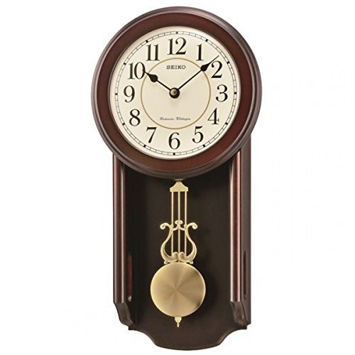 Image of Seiko Stylish Brown Pendulum Wooden Analog Dual Chime English Numbers Analog Wall Clock for Bedroom Home Decor Living Room Gifts Office (Size: 9 x 21.5 x 42 CM | Weight: 1200 gram)