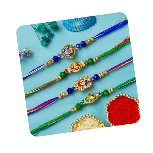 Image of eCraftIndia Set of 4 Lord Ganesha Peacock Krishna & Kalash Designer Rakhis for Brother Bhaiya Bhai | Roli Chawal Pack