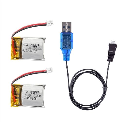 2 Pcs 3.7V 100mAh 20C PH1.25 Plug Rechargeable Lipo Battery with USB Charger for Cheerson cx10 WLtoys V272 Estes Proto X, Syncro X, Hubsan Q4 Nano...