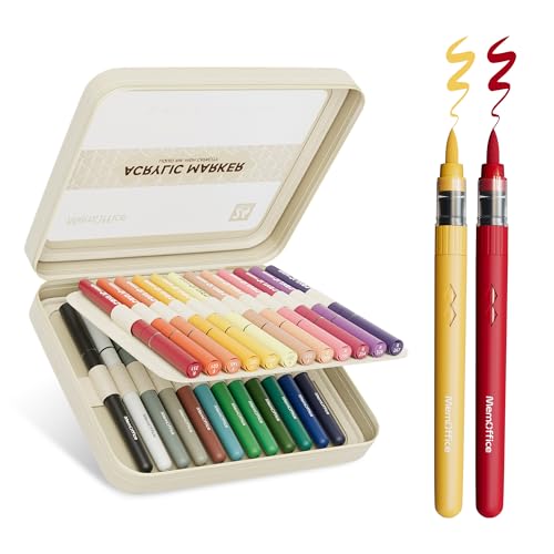 Image of MemOffice Direct Liquid Acrylic Paint Markers, 24 Colors Brush Tip Pens with Carrying Case, No Bleed, Waterproof, for Rock, Wood, Canvas, Glass, Fabric, DIY Crafts for Adults
