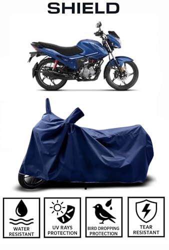 Image of Shield Heavy Duty Bike Cover for Hero Glamour | All-Season, Tear-Proof Fabric | with Side Mirror Pocket & Buckle Belt | Hero Glamour Bike Cover (Blue)