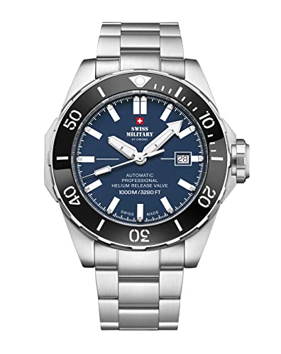 Swiss Military by Chrono Reloj para Hombre, Reloj de Pulsera, Movimiento Automático con Brazalete de Metal de Acero Inoxidable, Reloj Analogico Hombre, Plateado, Negro, SMA34092.02