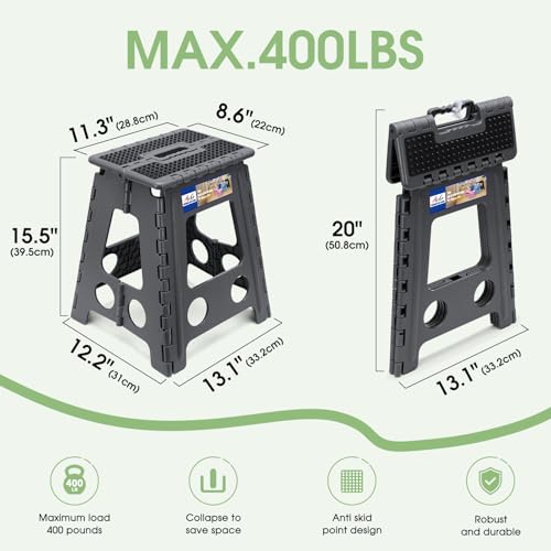 Image of ACKO Folding Step Stool Foldable 16 Inch Stools for Adults and Kids, Plastic Stools Tall 400 lbs Capacity, Collapsible Stool for Kitchen, Stepping Foot Stool with Handle, Dot Grey, 1 PC