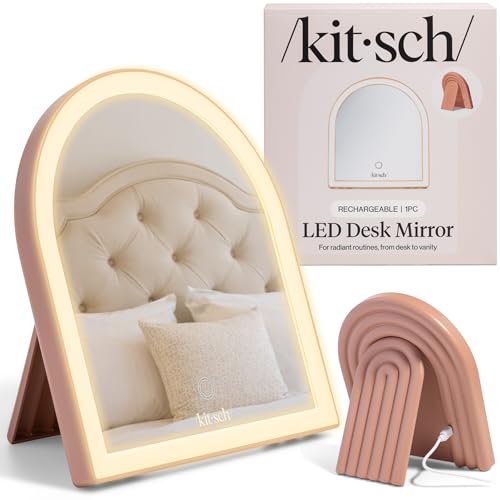 Kitsch Arch Desk Vanity Mirror with Lights LED Makeup Surface Touch Sensor Dimmable Warm Neutral Cool Glow Rechargeable Desk Mirror with Kickstand for Travel - Terracotta