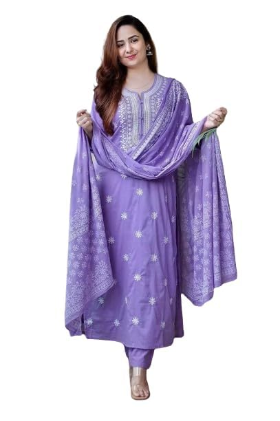 Image of Royal Export Women's Viscose Floral Embroidered Straight Kurta Pant with Dupatta Set | Kurta Sets for Women