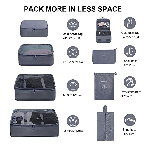 Image of OSDUE Packing Cubes for Suitcases, 8 PCS Travel Luggage Packing Organizers Waterproof Travel Essentials Bag Accessories, Clothes Shoes Cosmetics Toiletries Storage Bags, Gray