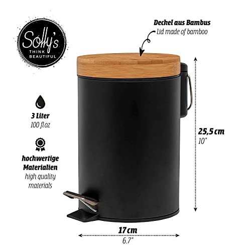 Solly´s 3L Bathroom Bin with Bamboo Lid, Pedal Bin with Soft Close, Round, Black, 3 litres - Image 2