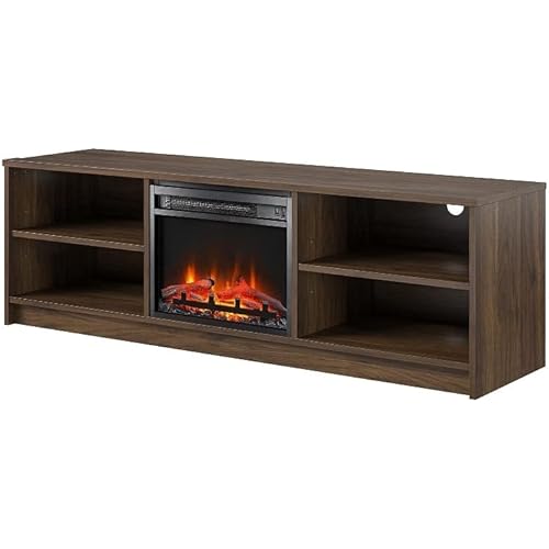 Ameriwood Home Noble TV Stand with Electric Fireplace Insert and 4 Shelves, 65”, Walnut
