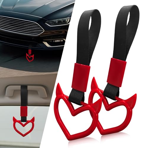 Image of 2 Pcs Devil Heart Shaped Car Handle Strap - Drift Charm Rear Bumper Warning Ring Decor for Car Interior Exterior, Subway Bus Handle Accessory, Cute Heart Car Decor Gift for Drivers (Red)