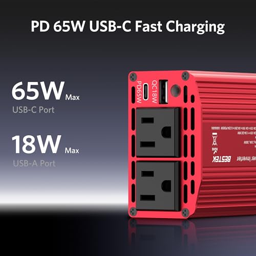 image for BESTEK 300W Car Power Inverter with 65W USB-C and QC3.0 Ports - 12V DC