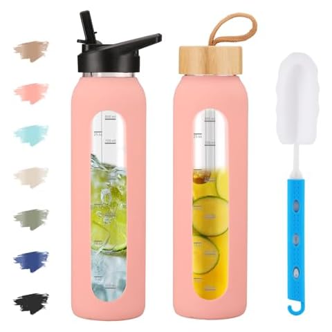 SIEROZUR 32oz Glass Water Bottle with 2 Lids-Handle Straw Lid&Bamboo Lid Motivational Water Bottle with Time Marker Reminder and Silicone Sleeve Leakproof Water Jug Canteen for Gym Cover