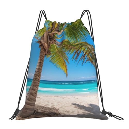 SHuWeiD Mochila con cordón con estampado de palmeras tropicales oceánicas, mochila casual con cordón, bolsa deportiva y fitness, color blanco, talla única, Blanco, talla única