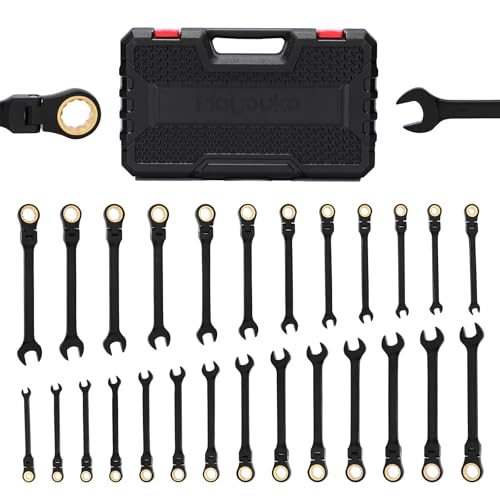Mayouko 26PCS Flex Head Ratcheting Combination Wrench Set, SAE 1/4"-7/8" & Metric 6-22mm, 12 Point, 72 Tooth, Cr-V Steel with Black Chrome Finish