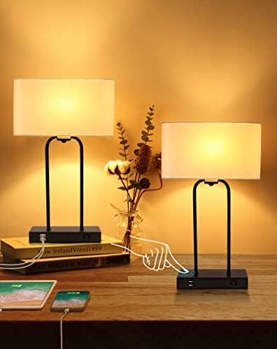 Chovin Table Lamp for Bedroom Set of 2 with 2 USB Ports and AC Power Outlet, 20" Touch Control 3-Way Dimmable Modern Bedside lamp with Fabric Shade for Living Room Hotel(2 LED Bulb Included)