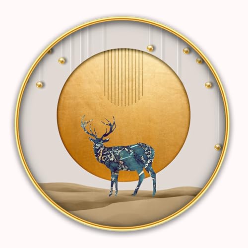 Dharvika Innovations Deer 3D Scenery photo frame for wall decoration, paintings for living room, round golden slim frame with premium sparkle lamination 3D 10261 (12×12 Inch) (Without Glass)