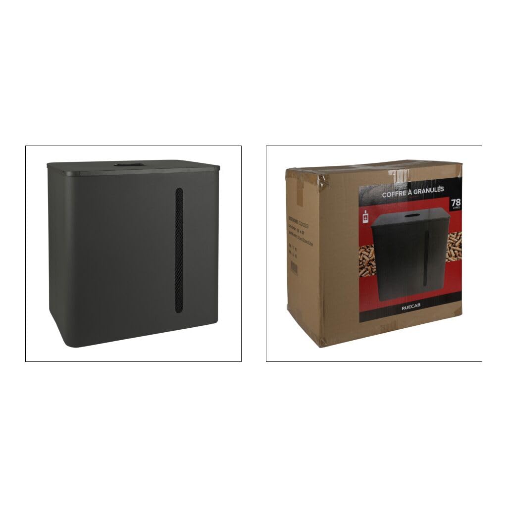 RUECAB – Caja de pellets – Capacidad: 70L – Con tapa – Material: acero – Dimensiones: 51 x 51,5 x 31 cm – Forma rectangular – Stock 3 bolsas de pellets de 15 kg