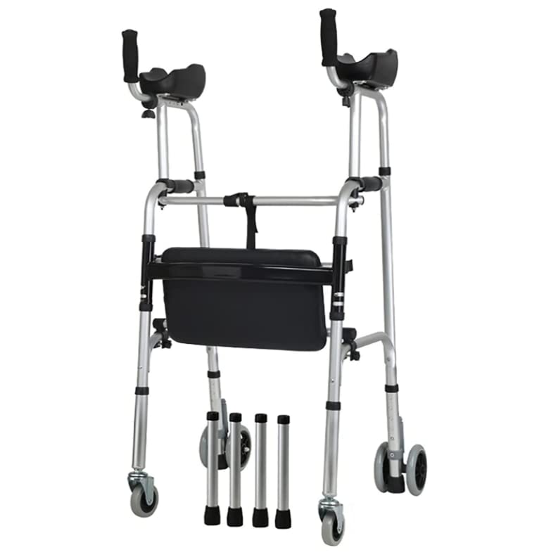 Andador plegable de aluminio con asiento y almohadilla para reposabrazos, altura ajustable para adultos mayores