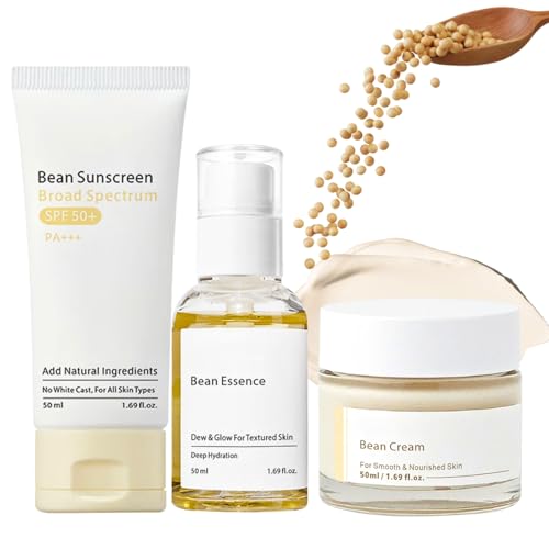 3PCS Bean Skin Care Sets, Korean Glass Skin Kit, Skincare Gifts for Teenage Girls, Pamper Gifts for Women, Face Moisturizer for Dry Skin, Bean Hydrating Serum, Sunscreen SPF 50+, Pore Minimizer