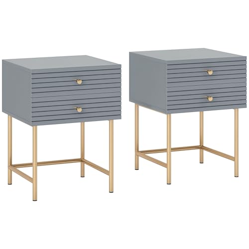 HOMCOM Bedside Tables Set of 2, Bedside Cabinet with 2 Drawers, Gold Steel Legs, Modern Side Table with Striped Panel for Bedroom, Living Room, Grey