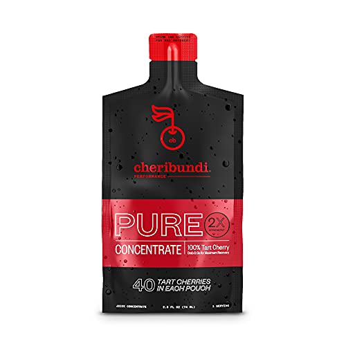 Cheribundi 100% Tart Cherry Juice Pure Performance Concentrate Grab and Go 2.5oz Pouch for Maximum Recovery with 40 Tart Cherries, 100 Calories, 0 Sugar, 0 Preservatives, Non-GMO, 24 pouches