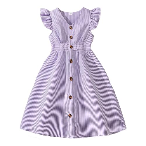 Vestido casual de verano para niñas sin mangas una línea de botones con volantes dobladillo rayas vestidos 8 12 años, morado, 9 10 años