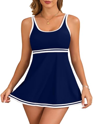 VIAURBE Women's Tankini Sets Tummy Control Swimsuits Color Block Swimdress Two Piece Bathing Suits Navy M