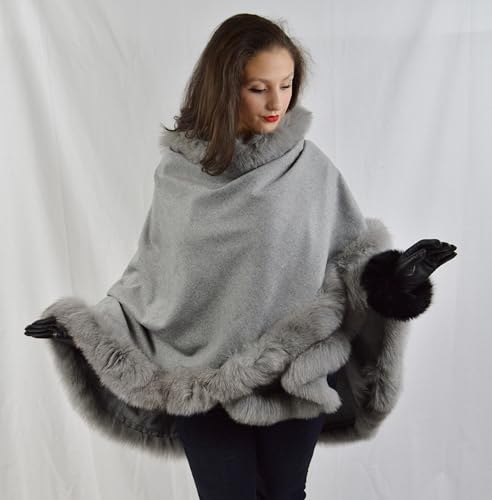 Womens Cape Coat- Luxury Cashmere Ponchos for Women with Fox Fur Trim- Pure Cashmere Wool Elegant Coats for Women (Medium Grey)4