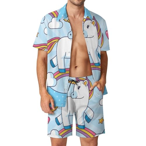 Pantalon de Plage et Chemise Hawaïenne Homme Licorne Bleue Ensemble d'Été S