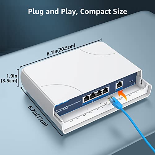 Image of YuanLey 4-Port PoE Switch Gigabit- Waterproof Outdoor Ethernet Unmanaged Network Switch with VLAN Function, 78W Built-in Power, IEEE802.3af /at Support and Plug & Play, Ideal for Outdoor Use